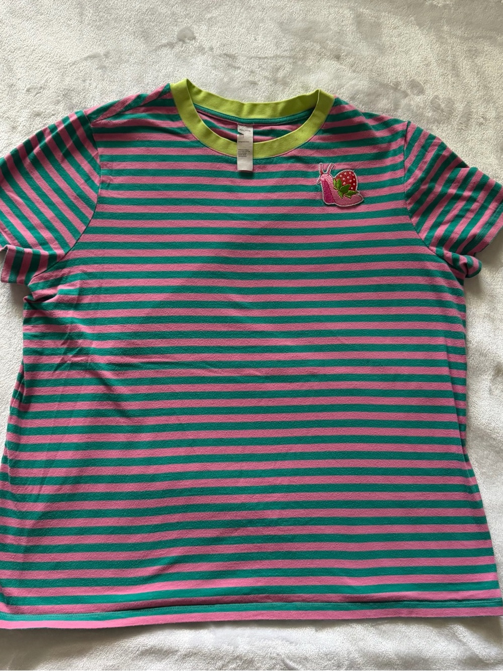 Amazon Pink & Teal Striped Short Sleeve Tee with Snail Patch